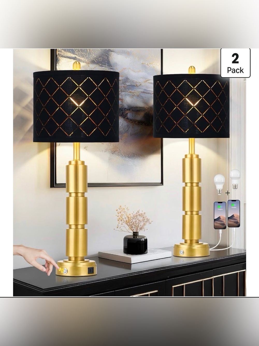 2 Pack Gold Table Lamps with USB Ports and Bulbs